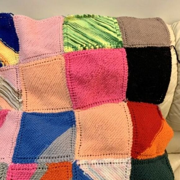HANDMADE Patchwork Square Afghan Blanket Throw 42x42” Knitted Crochet Cover Boho - Picture 3 of 8